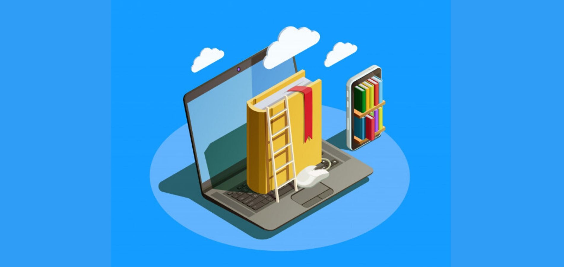Ilustración de libros y computadores