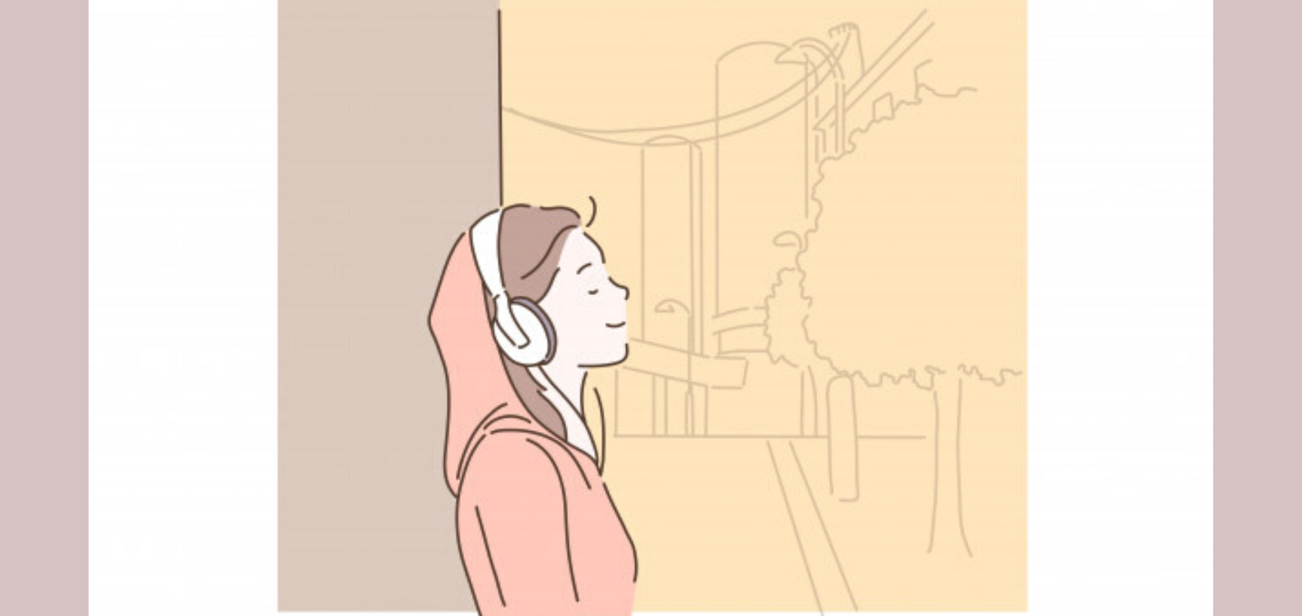 Ilustración de una estudiante escuchando un audiolibro con audífonos