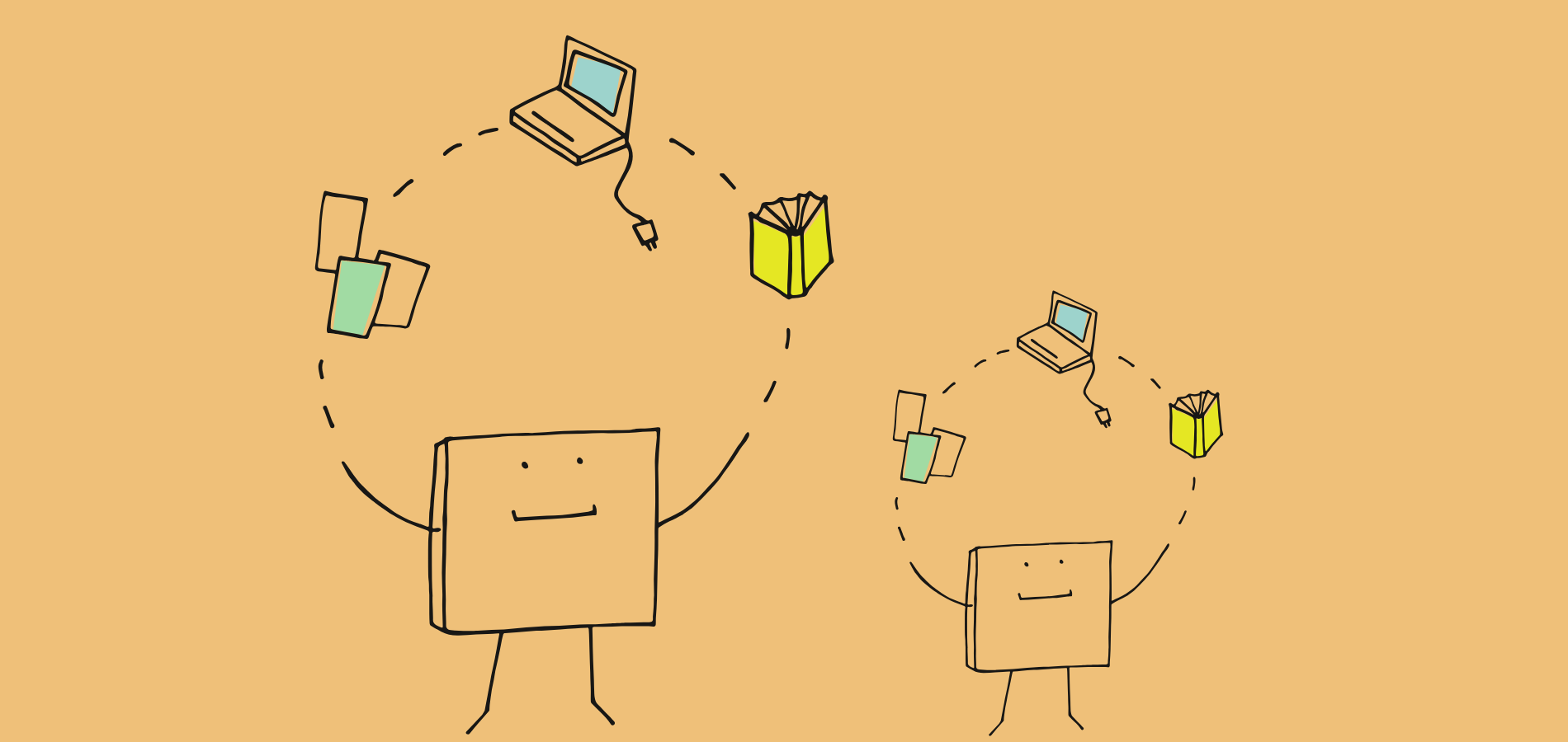 Ilustración de dos muñecos haciendo malabares con libros y computadores