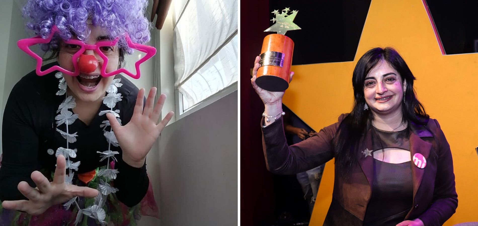 Dos fotos de la profesora de ciencias nadia valenzuela, a la izquierda está disfrazada de payasa y a la derecha cuando ganó el global teacher prize chile en 2019