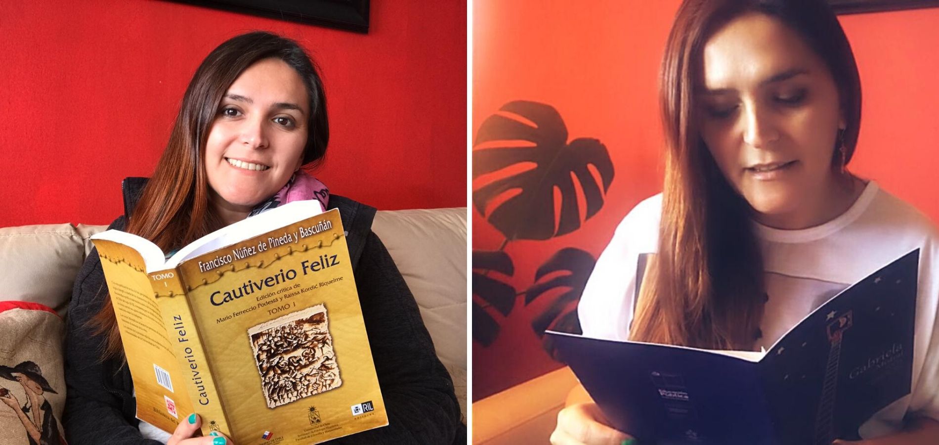 Fotos de la profesora de historia Claudia Rojas leyendo