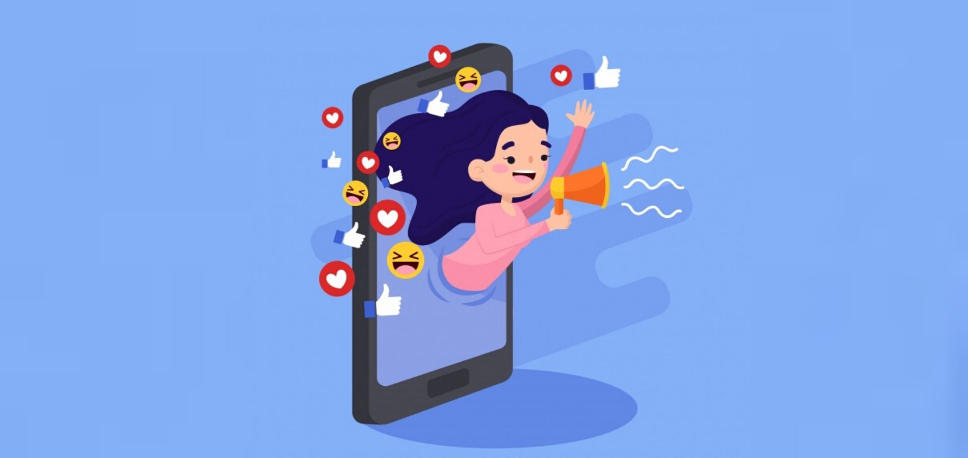 Estudiante que sale de una pantalla de un celular y está con un megáfono comunicándose, rodeada de emojis