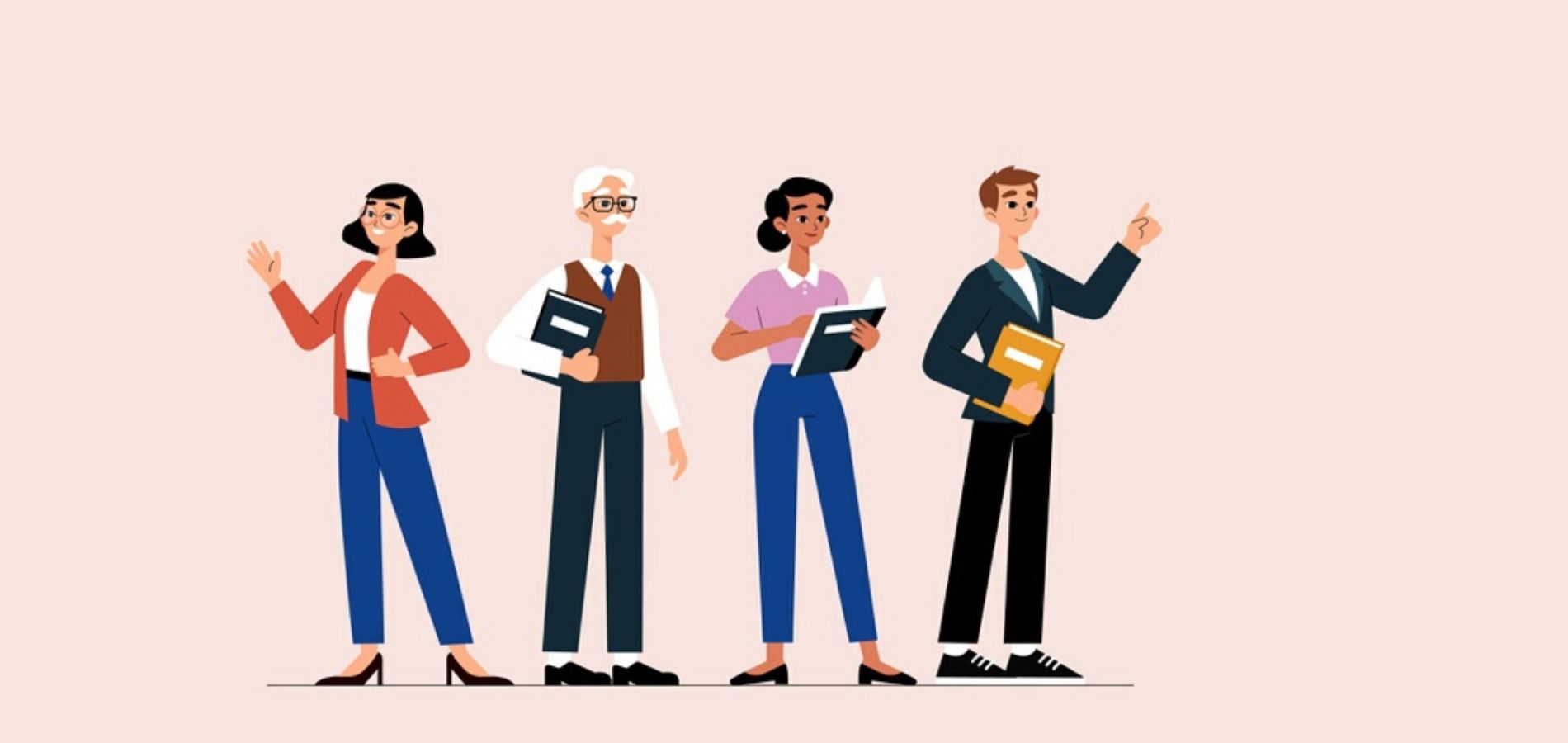 Ilustración de cuatro personas, que parecen profesores. Tienen libros en sus manos y son de diferentes edades.