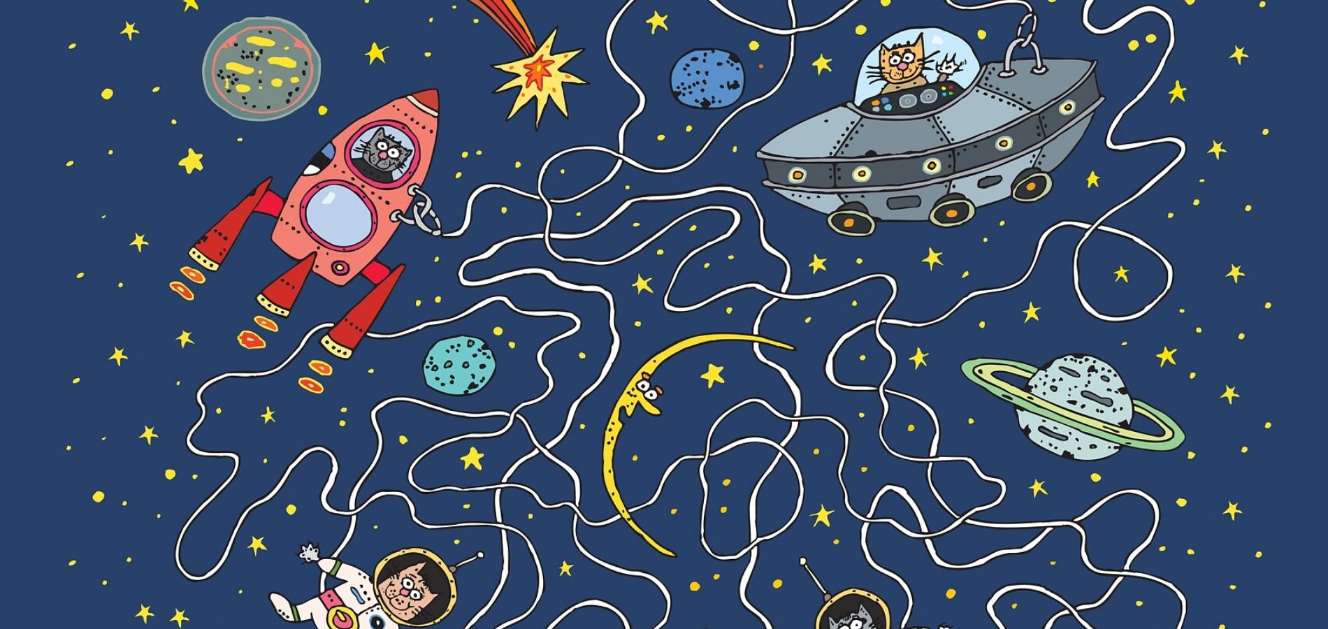Naves espaciales, astronautas y el cosmos en una alistración animada con gatos. Imagen en tonalidades azules que asemejan el espacio.