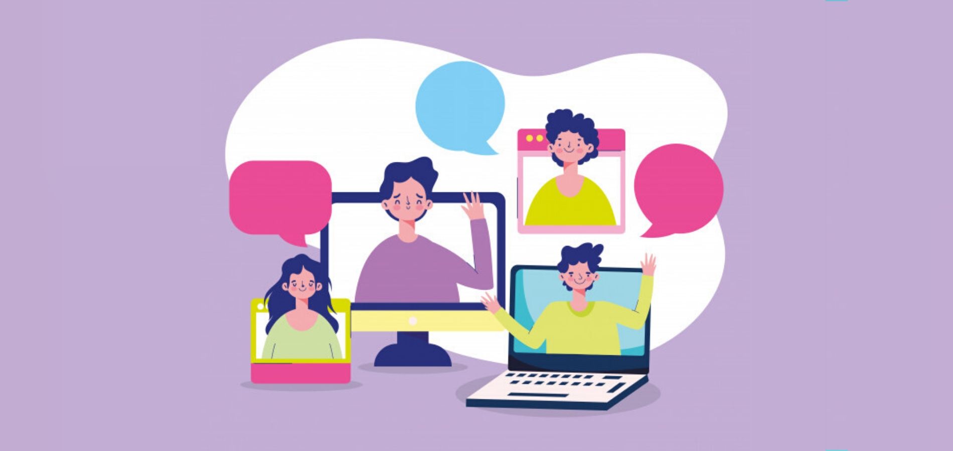 Ilustración de cuatro personas saliendo de una pantalla de pantallas de computadores