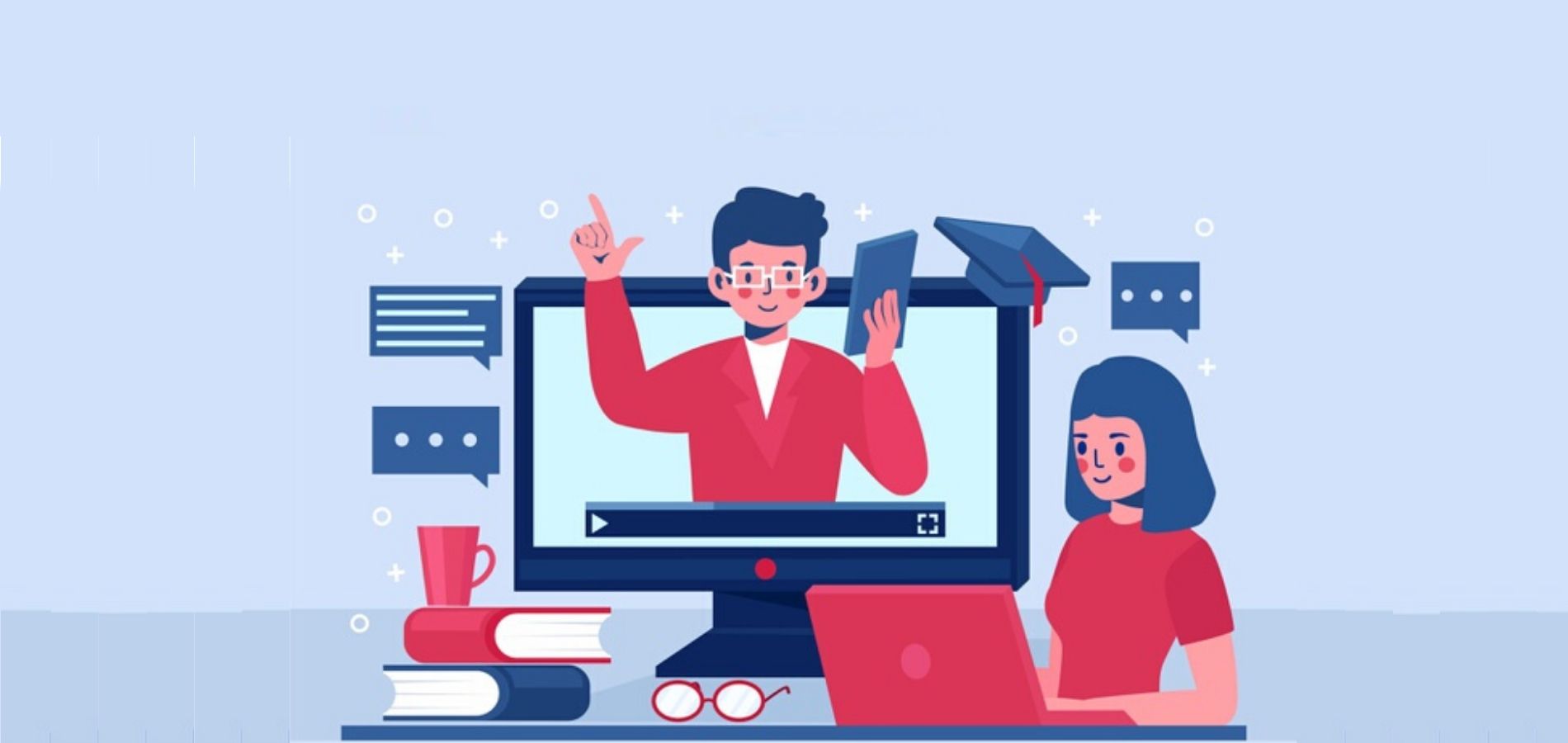 Ilustración de un niño y una niña entre computadores, portátiles libros y lentes.