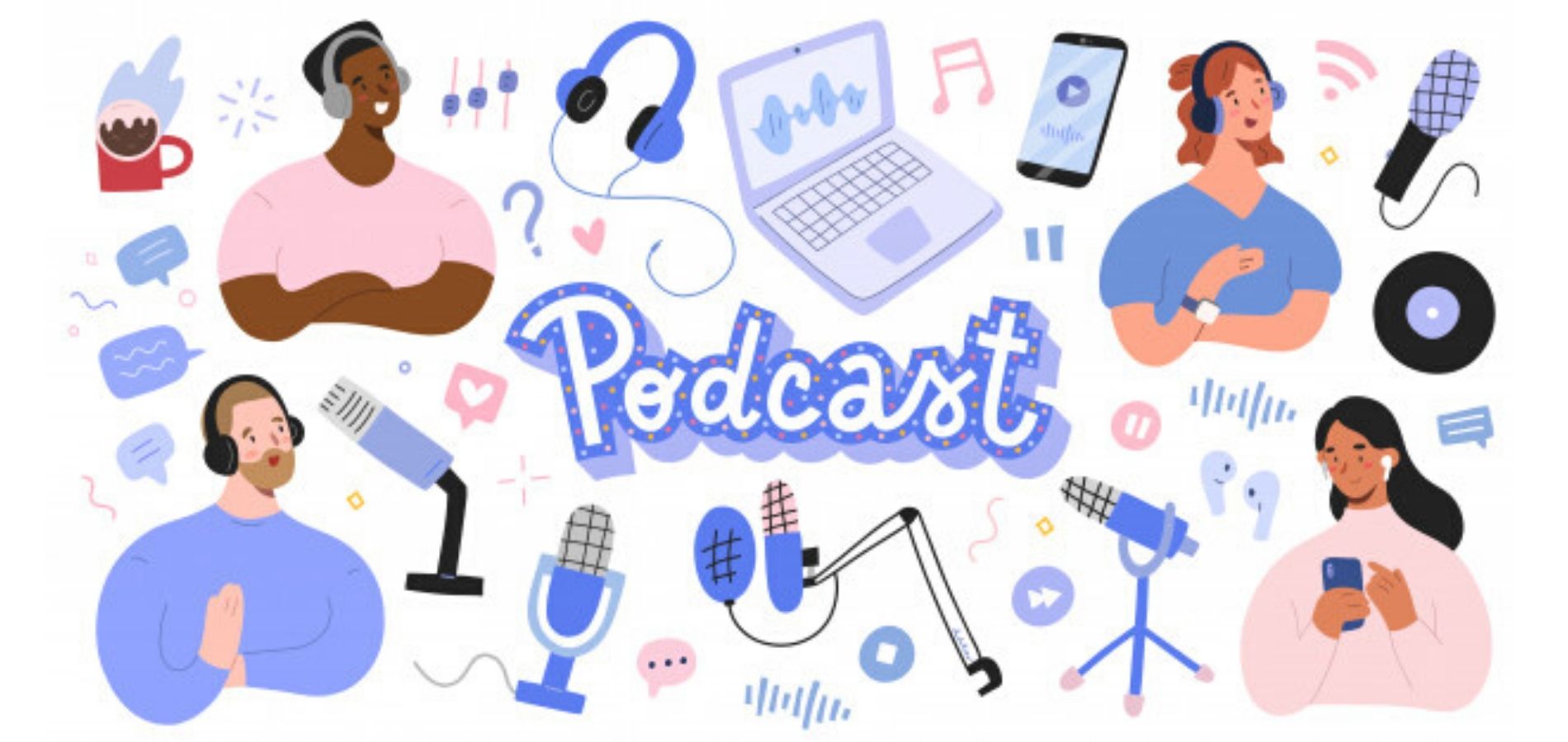 Imagen en donde aparecen varios dispositivos electrónicos en tonos pasteles y blancos junto con cuatro personas escuchando y grabando podcasts