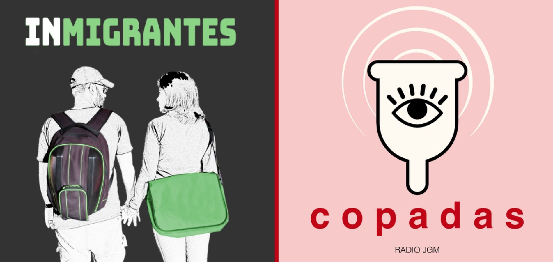 en la foto izquierda está el logo de migrantes, una mujer y un hombre. En la fotografía de la derecha aparece una copa menstrual ilustrada con un ojo en medio y en tonos rosados pasteles