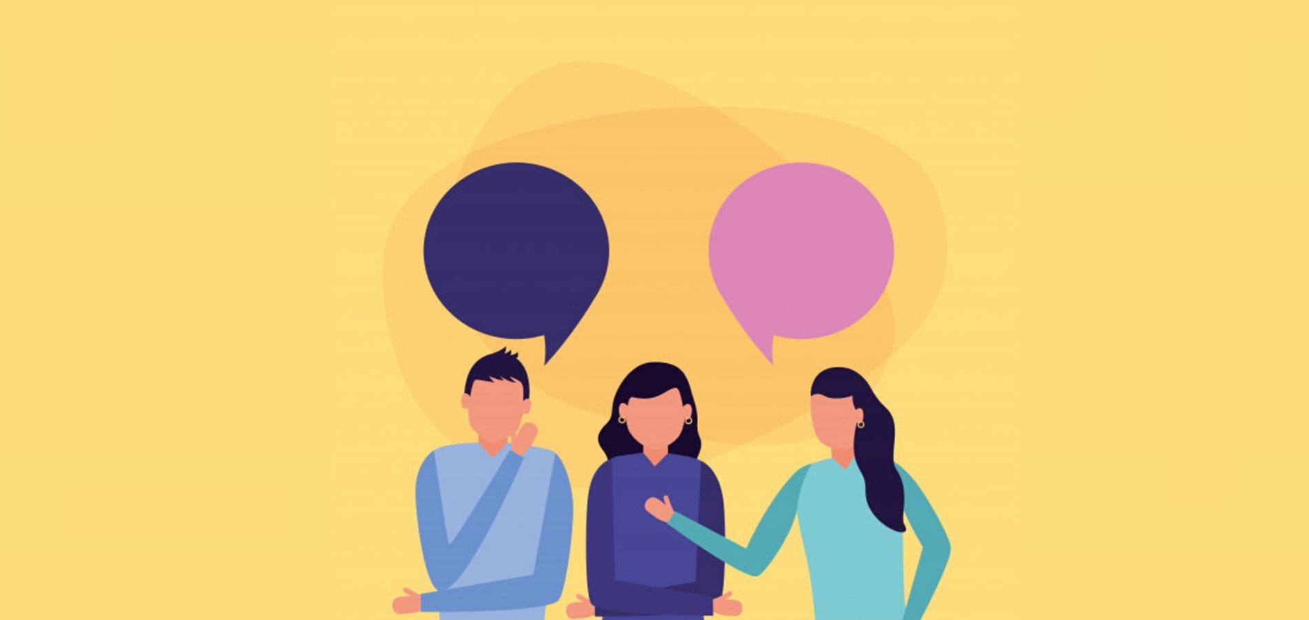 Ilustración de 3 personas sin rostros sosteniendo una conversación