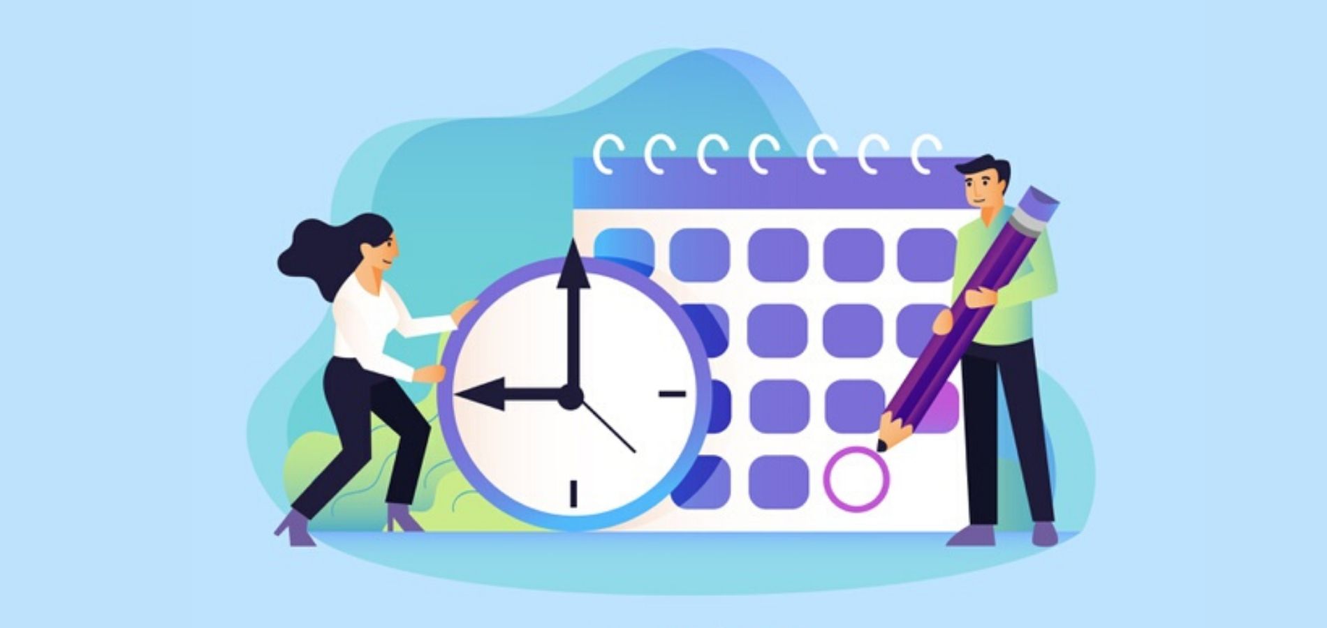 Ilustración de dos personas con un reloj y un calendario