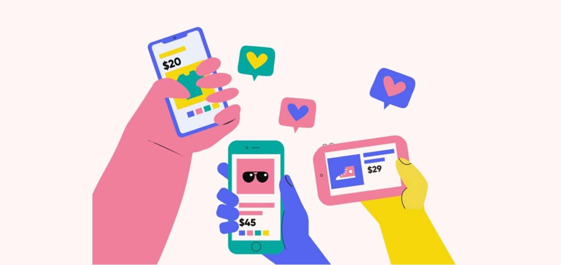 Ilustración de celulares con redes sociales en sus pantallas