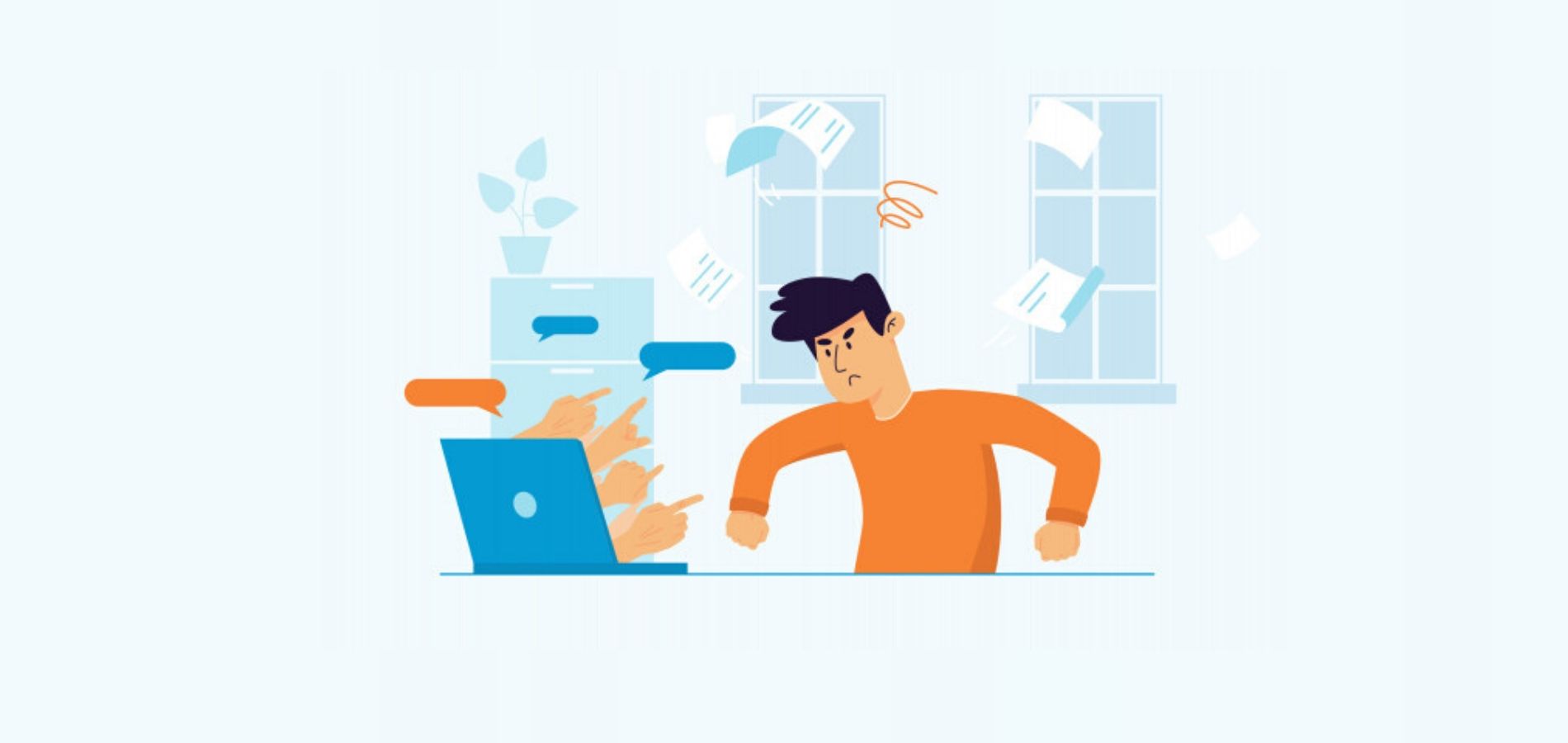 Ilustración de un joven siendo señalado por varias manos desde el computador. La imagen es una muestra del ciberacoso
