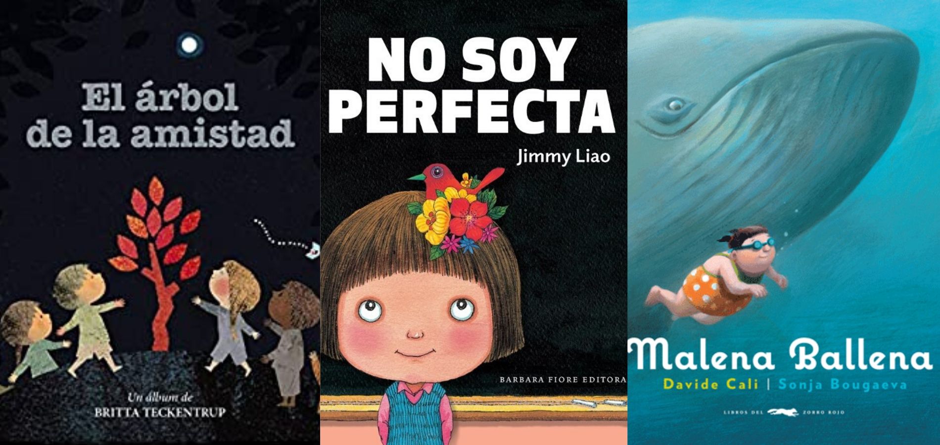 En la imagen se ven tres historias infantiles, dos de ellas están en tonos negros y la otra en tonos celestes, como el mar. Todas las historias sirven para trabajar la inteligencia emocional desde la primera etapa