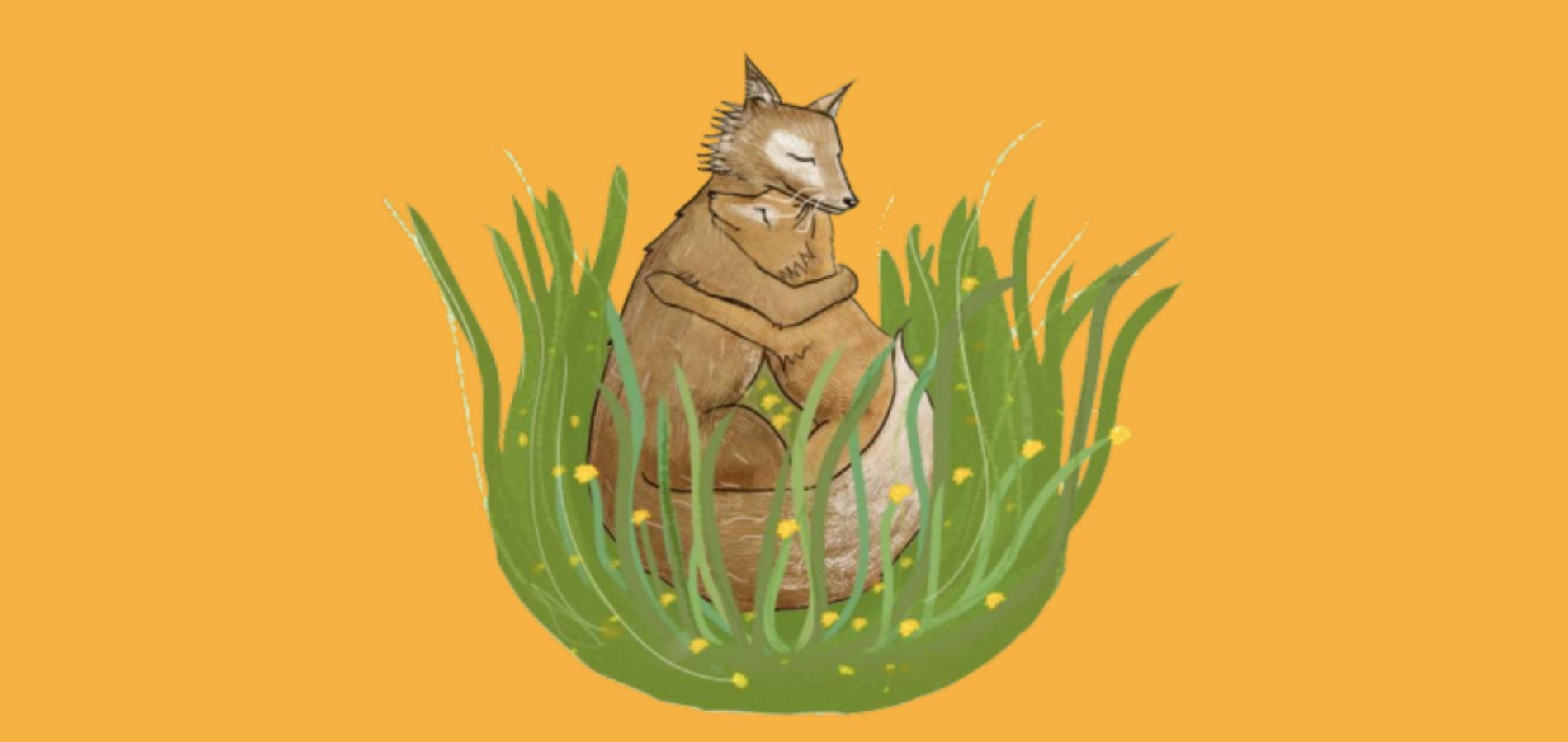Ilustración de una zorra abrazando a una zorra más chica, es una de las ilustraciones del libro infantil fuego en el corazón