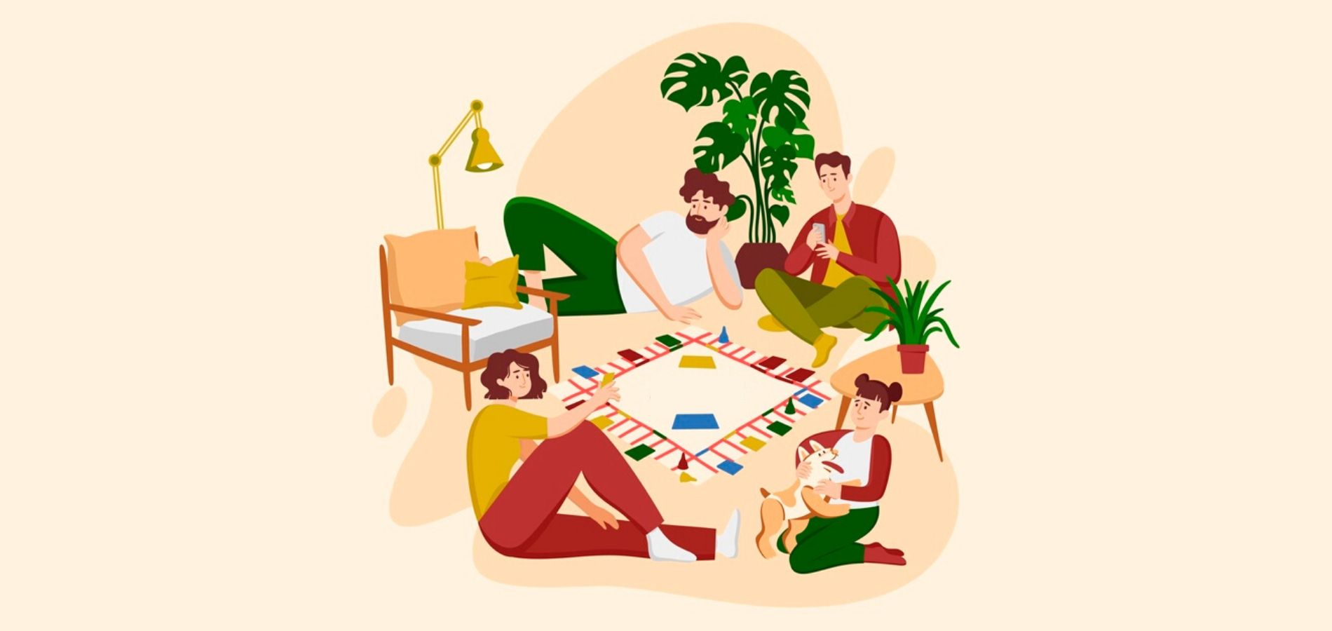 Ilustración de un grupo de personas reunidas en un círculo, al centro se ubica un juego de mesa con tarjetas y tablero.