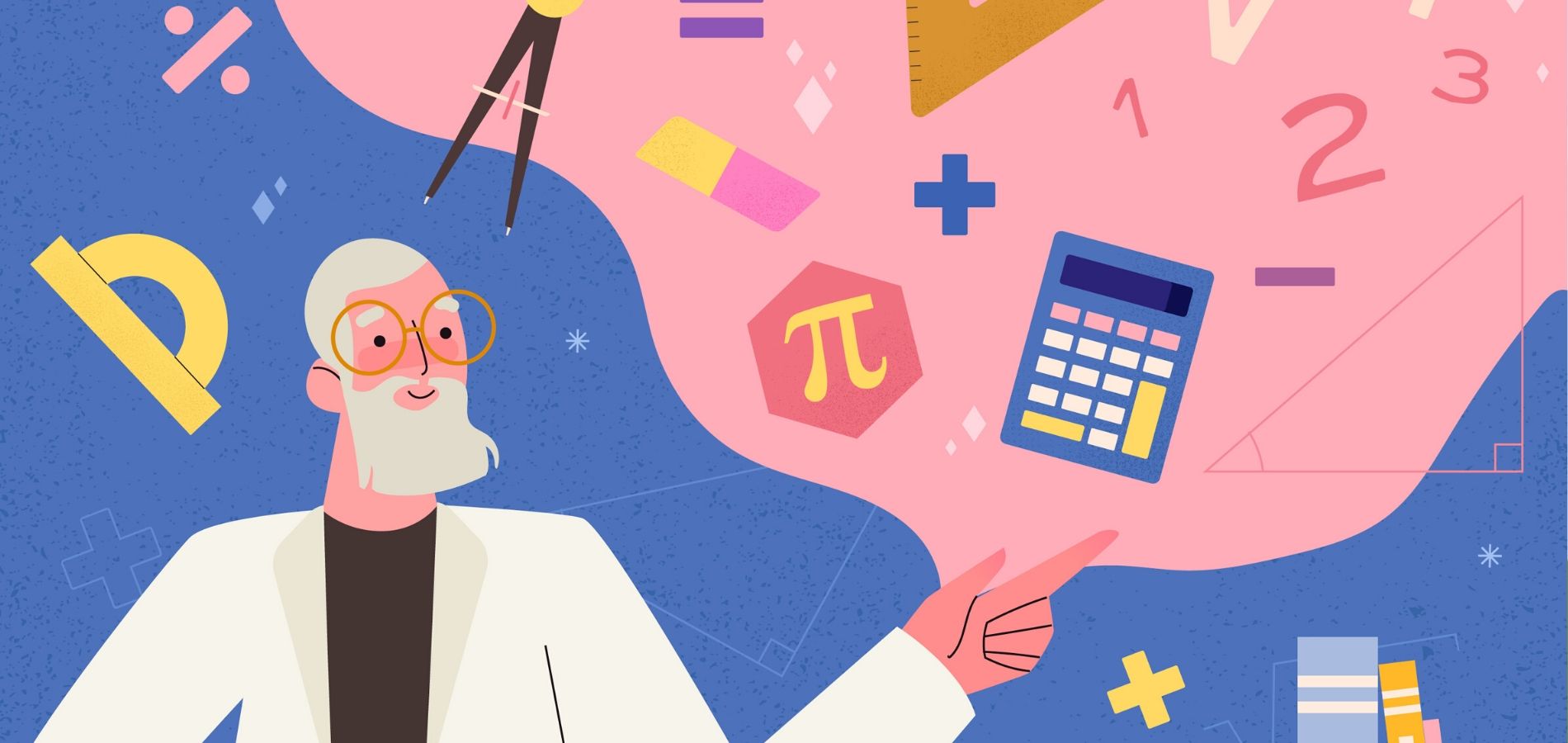 Ilustración de un profesor de matemática con figuras de fórmulas