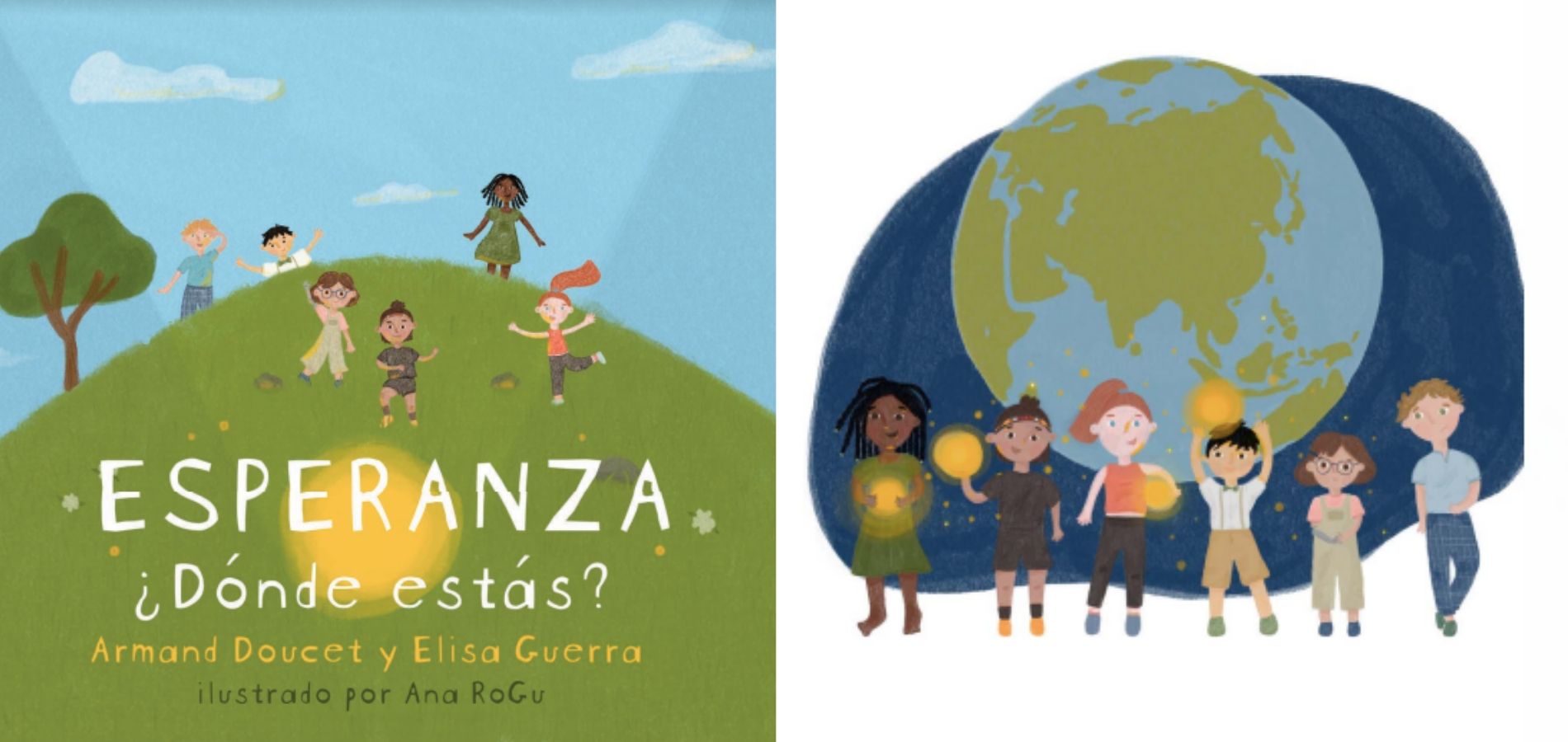 Ilustraciones que acompañan el libro Esperanza, ¿dónde estás? En la imagen hay seis niños de distintos colores y edades pintados alrededor del planeta tierra