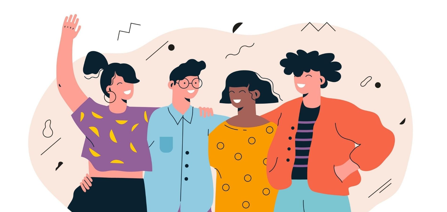Ilustración de cuatro jóvenes abrazados y sonrientes